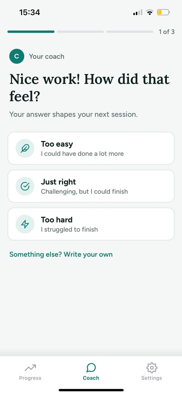 The coach asking how the session felt: too easy, just right or too hard